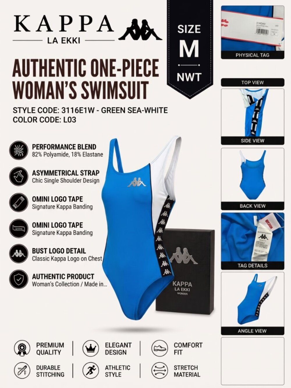 NWT Kappa Authentic La Ekki One Piece Swimsuit Women's Size M